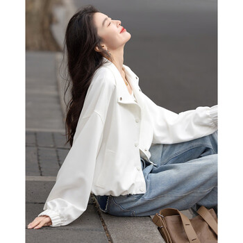 De mana minimalist outfit spring high count high density pique mesh stand collar four-button elastic hem short women's jacket