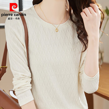 Pierre cardin inner long-sleeved bottoming shirt for women textured casual simple slim fit 2026 spring and autumn new slim outer top off-white l 170