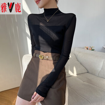 Yalu small half turtleneck mesh black bottoming shirt women's high-end long-sleeved t-shirt 2025 new thin top style black s