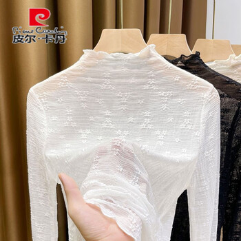 Pierre cardin see-through half-high collar lace inner shirt for women autumn 2025 new fungus edge thin mesh bottoming shirt long sleeves white + s