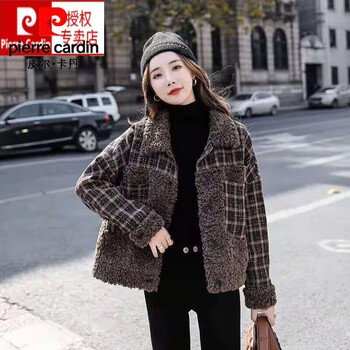 Pierre cardin plus velvet thickened sherpa coat for women 2025 autumn and winter new wool plaid splicing short cotton coat and cotton jacket for women brown coat s
