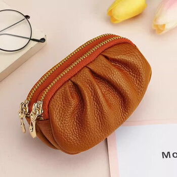 Chajin's new niche pleated hand-held zipper small wallet women's texture mini storage key bag card holder fashionable coin purse brown-double zipper coin purse