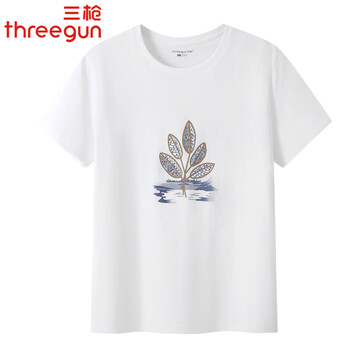 Sangun women's pure cotton short sleeve spring and summer refreshing water soft cotton thin round neck short sleeve casual slim t-shirt half sleeves white background leaves m (160/85)