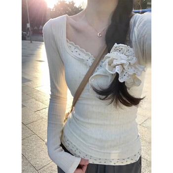 Fu jian winter bottoming shirt fake two-piece lace inner lace bottoming shirt for women long-sleeved t-shirt women's short top for women apricot l