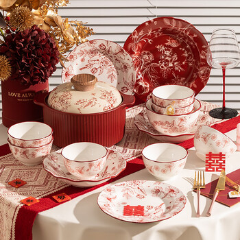 Kitchen bowls, plates, tableware, household tableware, complete gift set, festive bowl set, bowl and chopsticks set, millennium feast 18-piece set