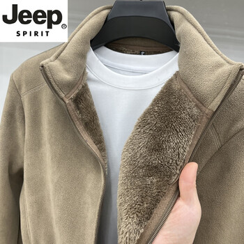 Jeep spirit double-sided polar fleece jacket men's plus velvet thickened warm austrian fleece cotton jacket windproof stand collar jacket autumn and winter cotton jacket khaki 2xl