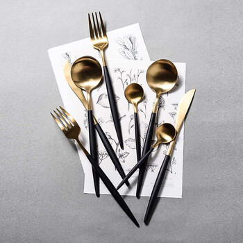 Aoki shangci western cutlery, fork and spoon gift box packaging 304 western cutlery 4-piece set steak knife and fork ins nordic style black handle gold-plated gift spoon coffee spoon soup spoon dessert spoon four-piece gift box set