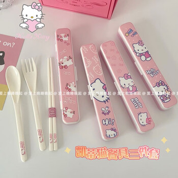Ye yu cute sanrio kt cat student portable tableware set chopsticks spoon fork with box portable tableware three-piece set kitty style set