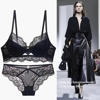 Victoria palace sexy lace lingerie bra push up breathable thin large breast makeup small push up large size bra set black set bra + panties m 75/34b with panties
