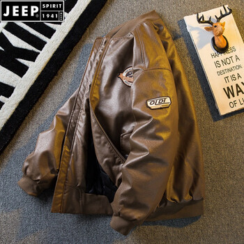 Jeep spirit american trendy pu leather motorcycle cotton jacket men's winter thickened warm baseball jacket cotton jacket spring bomber jacket brown m (100-130 pounds)