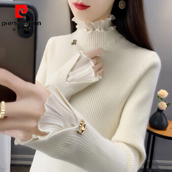 Pierre cardin lace edge bottoming shirt for women half turtleneck knitted plus velvet slim fit fashionable style pullover 2026 autumn and winter new design off-white s 160