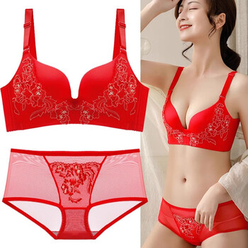 Victoria palace zodiac year bra festive wireless underwear sexy lace push up push up side breast bra set big red flowers blooming rich 80b 36b medium thick