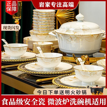 Yanjia bowl household 2025 bowls and plates set household tableware complete set jingdezhen ceramic bowls and chopsticks housewarming gift gift box luxury with rich pot 60 pieces