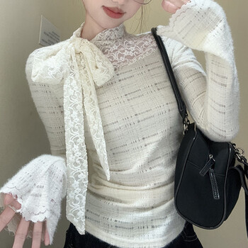 Lecali lace bottoming shirt for spring, autumn and winter, half-turtle collar, bow tie, long-sleeved t-shirt with a small fragrance design, bow lace bottoming shirt, apricot, within 120