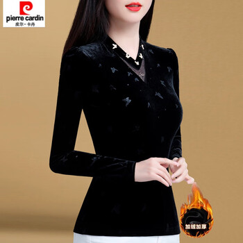 Pierre cardin black v-neck gold velvet bottoming shirt for women new fashion slim autumn and winter velvet warm inner and outer top for women black velvet xl 110-120 catties