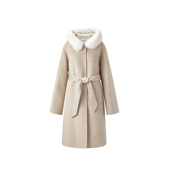 Peacebird women's woolen coat winter fur collar hooded double-sided woolen coat women's premium mid-length brown s