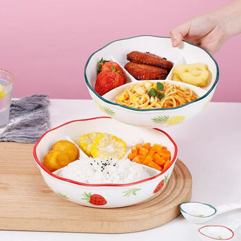 Porcelain beauty ceramic lunch box compartment dinner plate steamed rice plate three-compartment bowl plate multi-compartment dessert plate underglaze color lunch bowl 8-inch four-compartment bowl - strawberry 20.3cm with lid