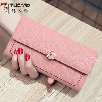 Woodpecker (tucano) 2025 spring and summer new yellow lucky leather long wallet women's fashion four-leaf clover soft cowhide wallet holds mobile phone pink