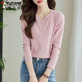 Woodpecker long-sleeved t-shirt for women, autumn and winter new threaded velvet bottoming shirt, spring style v-neck fashionable age-reducing temperament top, pink m size recommended within 85 pounds