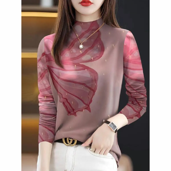 Sha yuyi bottoming shirt for women 2025 autumn and winter half turtleneck women's new wearable long-sleeved t-shirt for women fashionable and high-end fabrics half turtleneck pink large flowers xl size recommended 110-125 pounds
