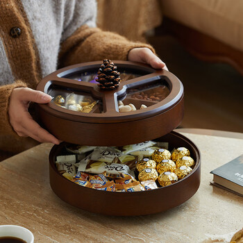 Nalandohaha new year dried fruit plate candy box household wooden living room double-layer rotating fruit plate new year snack compartment storage box round double-layer rotatable - acrylic cover