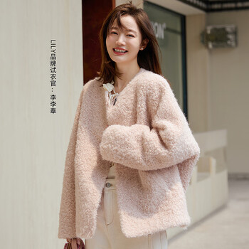 Lily new winter women's imitation lamb velvet new chinese style horn buckle warm temperament round neck jacket women's short 120 light pink l