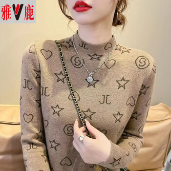 Yalu fever fleece bottoming shirt women's half turtle collar printed winter interior new 2025 women's warm top khaki star heart single pack l recommended 110-125 catties