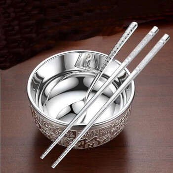 Fat donglai's same style silver bowl, limited sale, pure silver 999 mature silver chopsticks three-piece silver tableware pfaff pure set pfaff silver bowl + silver chopsticks + silver spoon 3-piece set 10% off