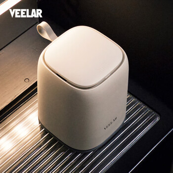 Veelar desktop trash can with press open lid, high-looking small size with lid, mini high-end living room and office 2025 new model, oatmeal white-3l with 80 garbage bags