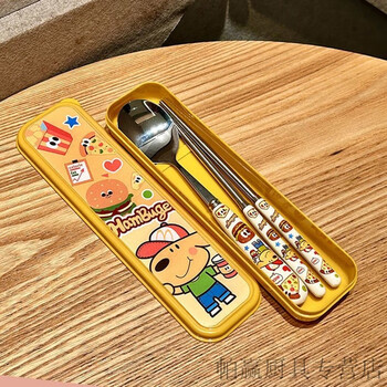 Ye yu bread stainless steel student spoon fork chopsticks cute cartoon student dormitory set home portable tableware dinner spoon and chopsticks (box set)
