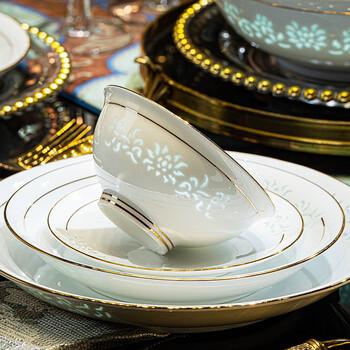 Guoyue jingdezhen white porcelain exquisite bowls and plates, high-end ceramic tableware, a complete set of household housewarming gifts, gold-rimmed bowls and chopsticks, white porcelain exquisite gold-painted 28 pieces | suitcase packaging |