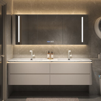 Tznun german slate hot-bent double basin bathroom cabinet smart mirror cabinet combination modern simple bathroom washing hands and face bathroom milk tea color (smart mirror cabinet) 2 meter slate hot-bent integrated basin (double basin)