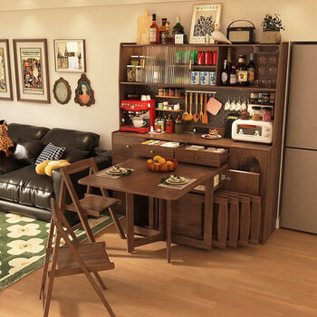 Fengjian all solid wood sideboard dining table integrated retractable folding mobile small apartment home restaurant multi-functional dining table all solid wood 1.6 meters walnut color dining table cabinet + chairs *4