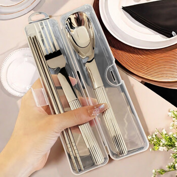 Stainless steel portable tableware chopsticks spoon and fork set single three-piece student children's storage cutlery box striped 18.8cm food grade stainless steel 4-piece set