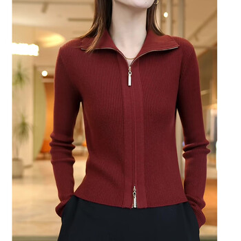 Ajlajk cardigan double zipper knitted wool cardigan coat for women in autumn and winter loose short small lapel sweater bottoming shirt ankola red 2xl recommended 130-144 pounds
