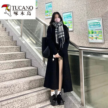 Woodpecker-like black woolen windbreaker coat for women autumn and winter 2025 new suit over the knee korean style woolen coat black quilted thickened/heavy thick style s
