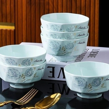 Fancychic shadow blue ten diamond bowls household non-hot rice bowl noodle bowl soup bowl microwave special ceramic tableware thickened 10 shadow blue peony flowers diameter 11.6 cm