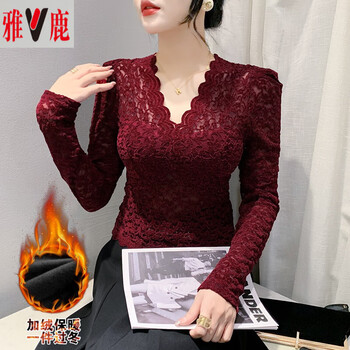 Yalu 2025 autumn and winter velvet puff sleeve lace top bottoming shirt solid color v-neck temperament slim slim long-sleeved t-shirt for women burgundy velvet 2xl