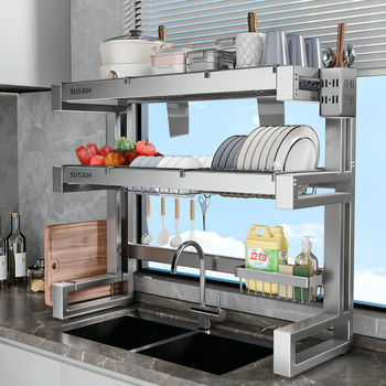 Kunfeng stainless steel sink rack multi-functional dish storage drain rack countertop dishwashing sink sink dishware rack single layer stainless steel-65cm simple version