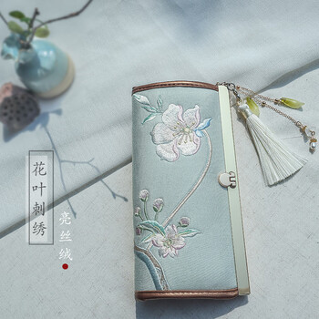 Clcey hand-held long wallet 8 cards embroidered cloth bag handmade fabric forest style literary retro chinese style antique ladies gift gift flower and leaf embroidery--bright velvet 19*10