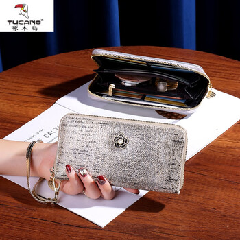 Woodpecker (tucano) high-end lizard pattern leather long zipper wallet for women with multiple card slots, leather handbag, large capacity for mobile phone, lizard pattern gold-made with genuine leather, with leather wrist