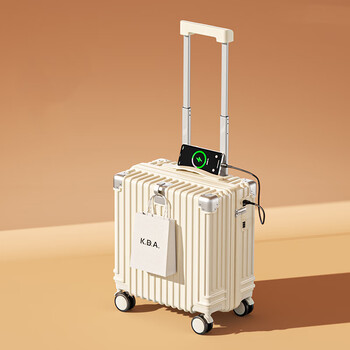 Kangaroo (kangaroo) small suitcase boarding case suitcase for women and men multifunctional trolley case aluminum frame thickened durable password box leather case white explosion-proof zipper model (charging + cup holder) 18 inches