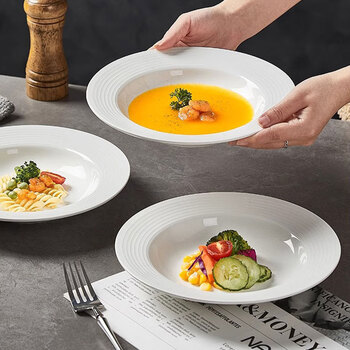 Jiwu forest straw hat plate household salad plate threaded ceramic soup plate western pasta plate white 8.5 inch 4 pack