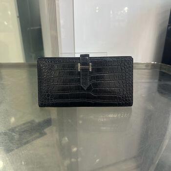 Second-hand 95 new hermes (hermes) bearn crocodile leather long wallet wallet black silver buckle matte crocodile frame q engraved