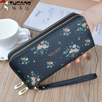 Woodpecker (tucano) double zipper wallet women's long large-capacity clutch double-layer wallet korean style soft leather printed change black