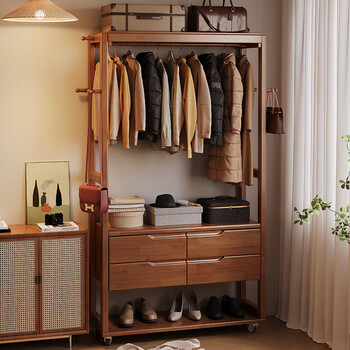 Grubi solid wood coat rack floor-standing bedroom home with drawer hanging clothes rack living room removable storage rack bedside storage rack walnut #coat rack imported rubber wood no veneer 105cm*40cm*175cm