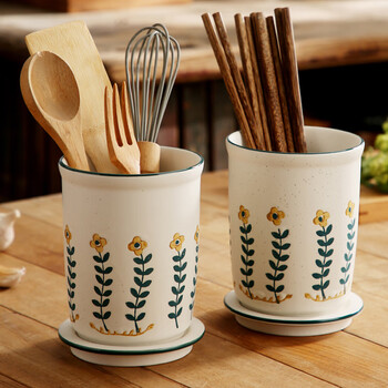 Ershanji ceramic chopstick barrel kitchen chopstick and spoon storage box household retro chopstick rack drainage and mildew-proof countertop special chopstick cage retro ceramic small yellow flower chopstick barrel