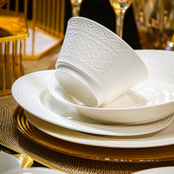 Yang qintang bowl household 2025 new high-value bone china tableware set light luxury underglaze color pure white relief high-end gift french relief | underglaze color | with soup pot 90 pieces