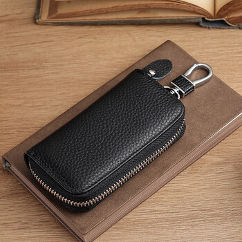 Fitupon genuine leather first-layer cowhide home key case car key leather case unisex folding storage cover card holder black