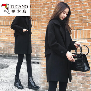 Woodpecker woolen coat for women, high quality, autumn and winter, large size, loose, mid-length, slim woolen coat, black cashmere coat, black style, regular l, recommended 100-120 pounds